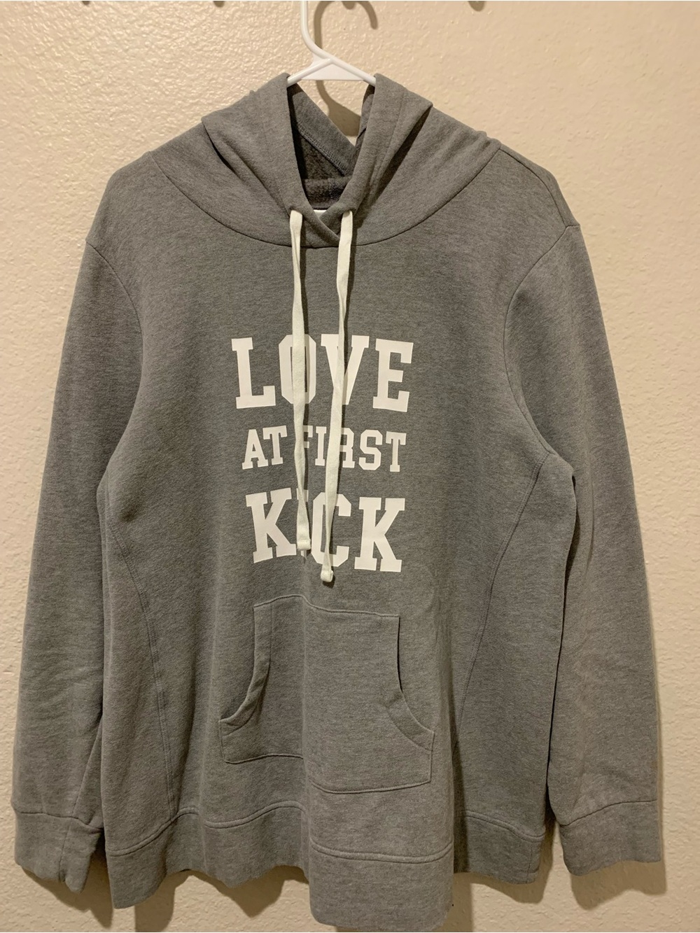 Motherhood Gray V-Neck Hoodie Sweatshirt with White Drawstrings
